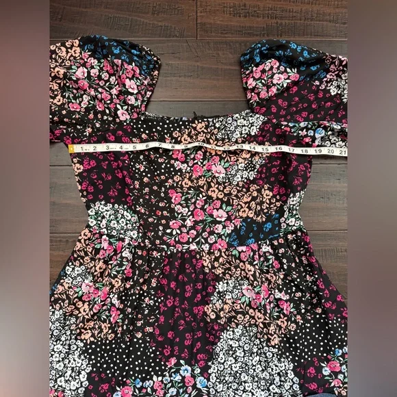 Patchwork square neck midi boho peasant milkmaid cottagecore dress puff sleeve - Picture 4 of 7